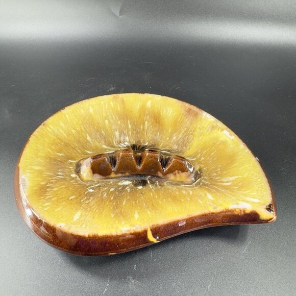 Vintage Mid Century Ceramic RedWare Pottery Ashtray Dish Brown Yellow Drip Glaze - Picture 11 of 13